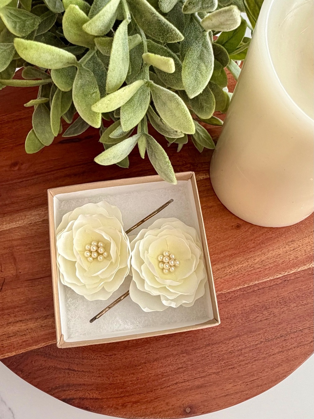 Ivory Floral Hair Pins with Pearls - Set of 2
